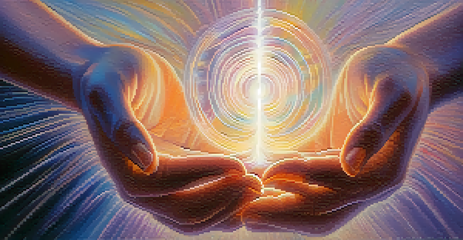 Close-up of hands channeling distant Reiki energy, with a glowing energy field and a pastel colored background.