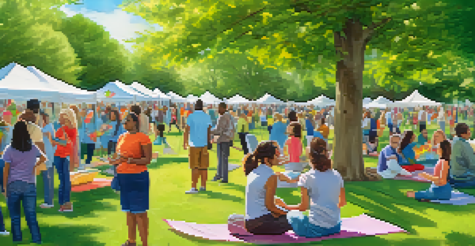 A lively community event in a park promoting mental health advocacy, with families engaging in activities and colorful banners in the background.