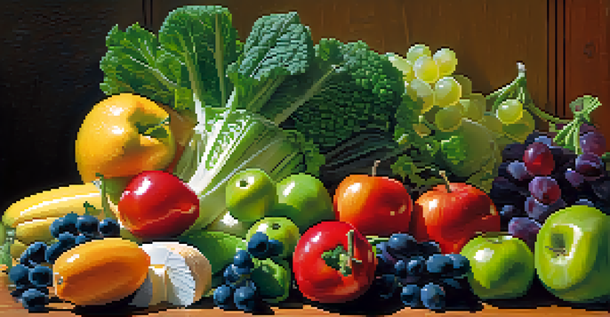 A beautifully arranged plate of fresh fruits and vegetables, illuminated by sunlight, with vibrant colors and textures.