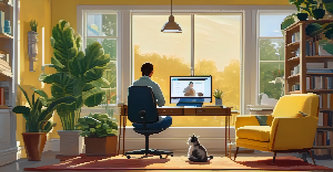 A person in a cozy armchair participating in a telehealth session on their laptop, with a cat nearby and a warm, inviting room.