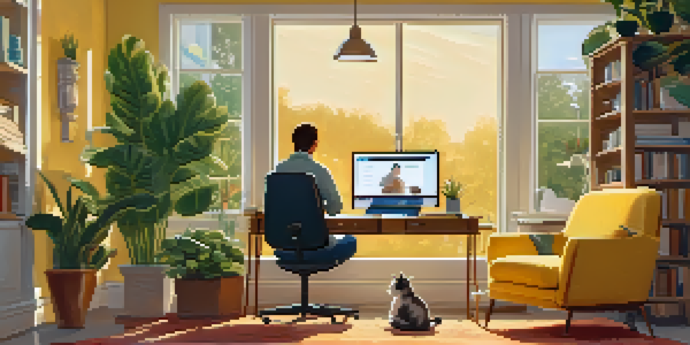 A person in a cozy armchair participating in a telehealth session on their laptop, with a cat nearby and a warm, inviting room.