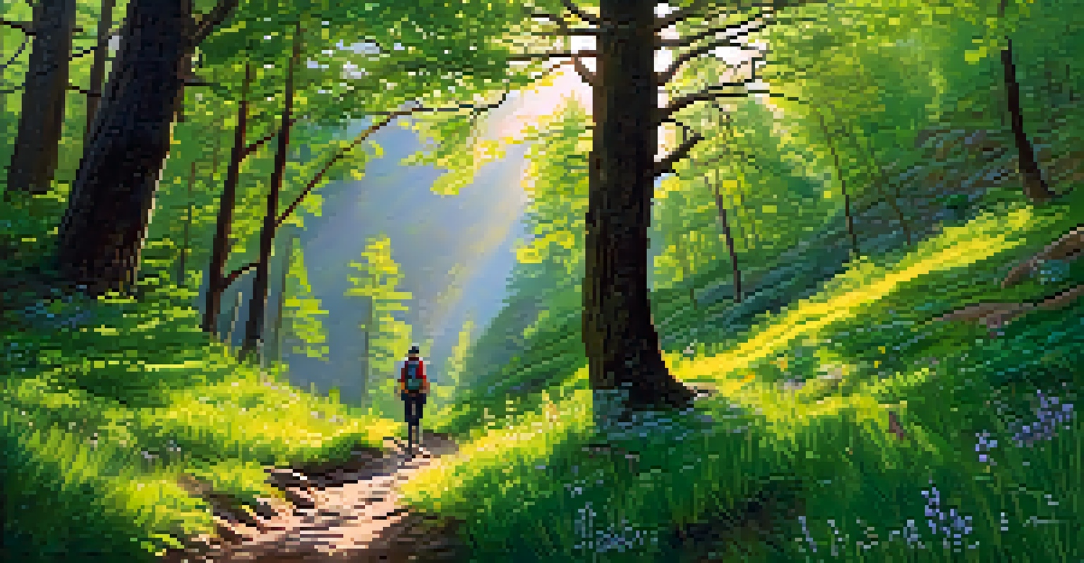 A solo traveler hiking on a mountain trail surrounded by greenery and wildflowers, with sunlight filtering through the trees.