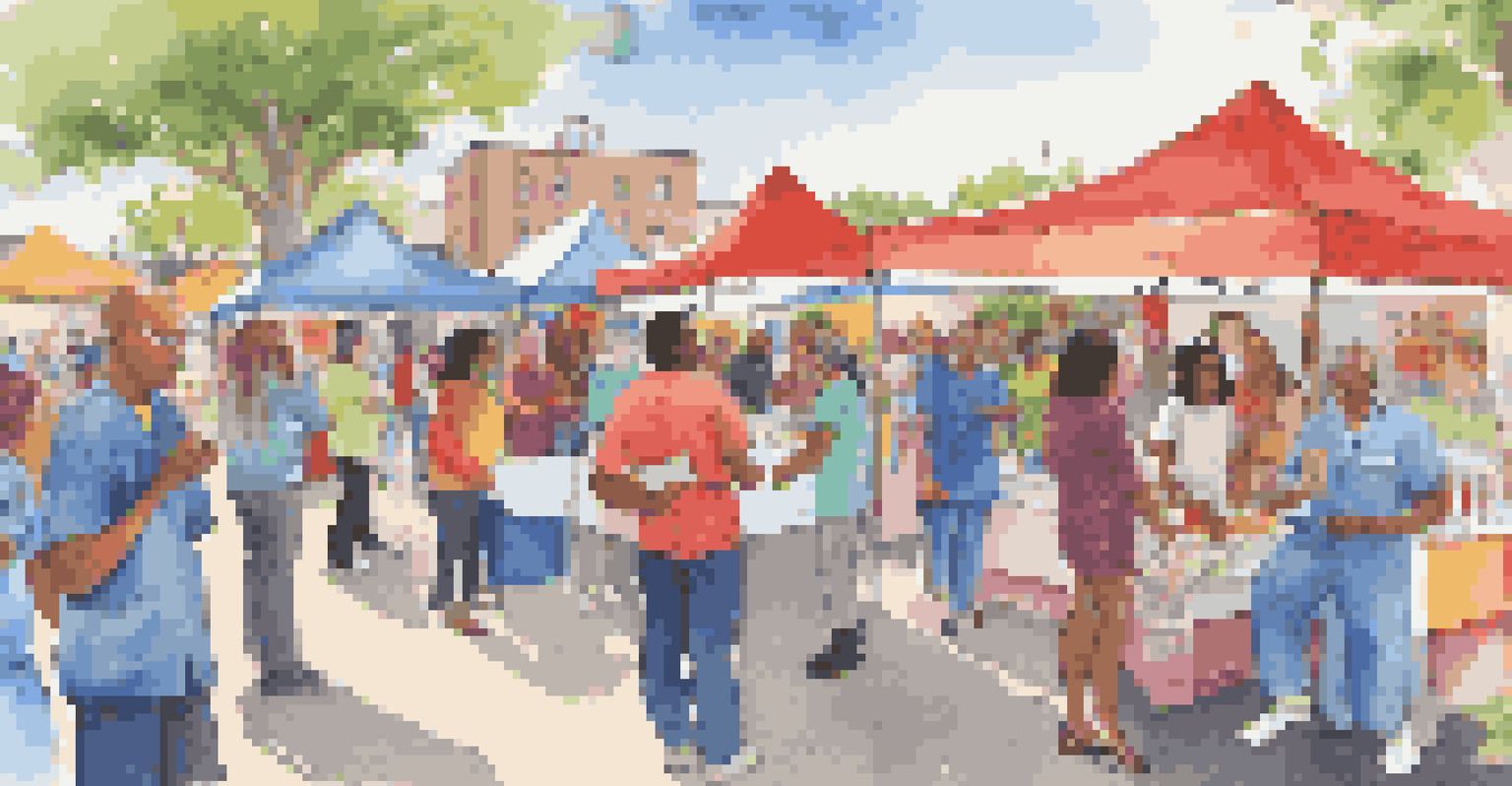 A lively community health fair showcasing diverse healthcare practices and interactions among families and professionals.
