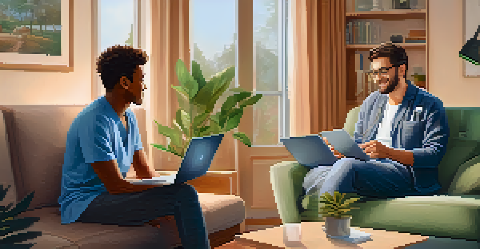 A young man having a telehealth consultation in his living room, engaging with a healthcare professional via his laptop.