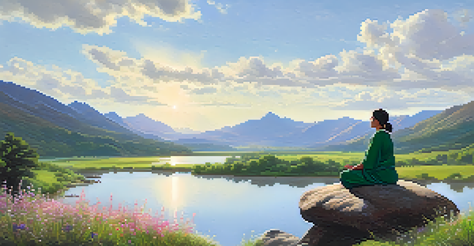 A peaceful river scene with a person meditating on a rock, surrounded by flowers and mountains under a clear sky.
