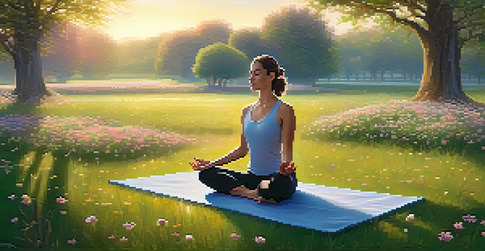A woman practicing yoga in a peaceful park at sunrise with blooming flowers and soft golden light.