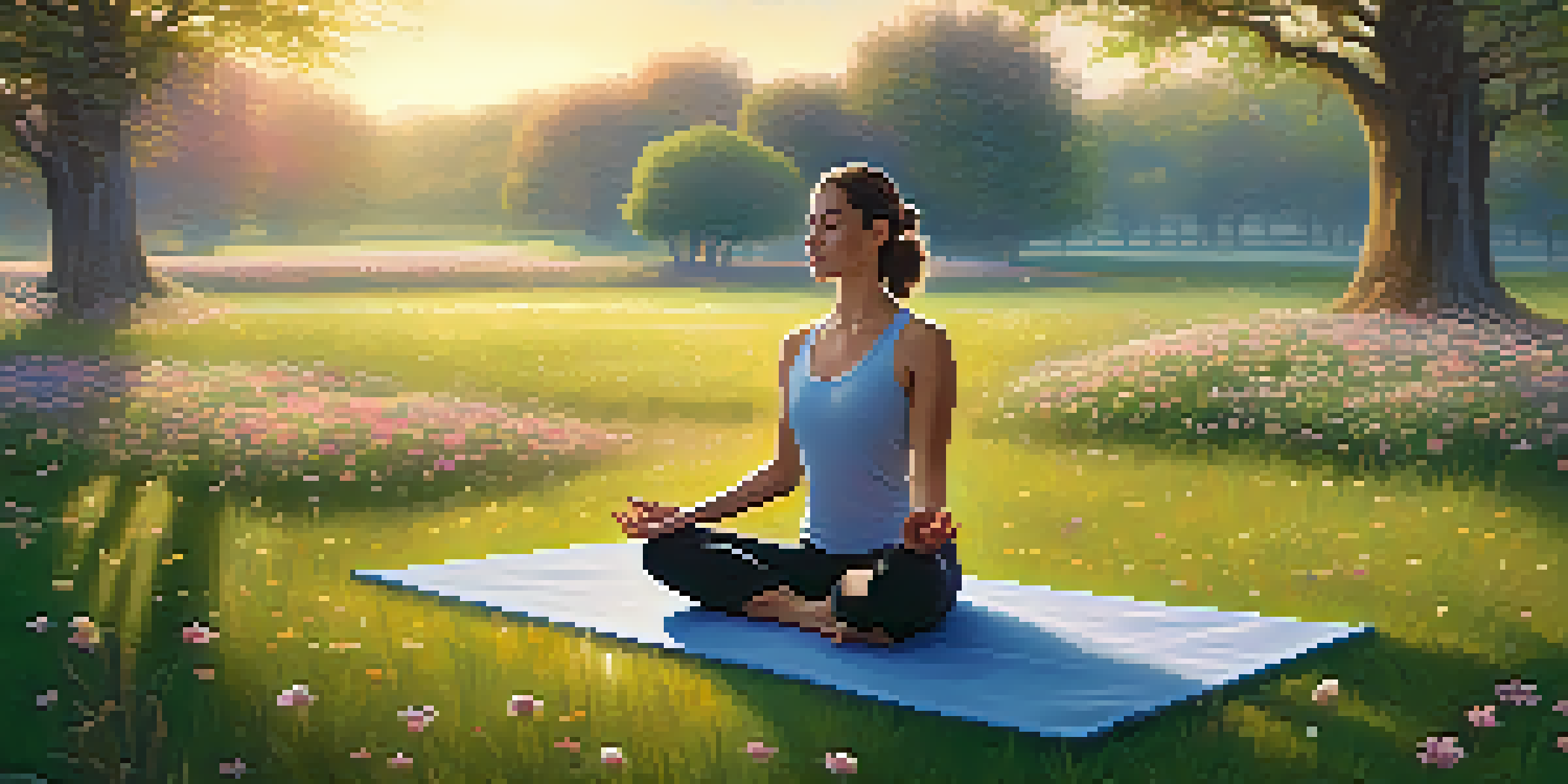 A woman practicing yoga in a peaceful park at sunrise with blooming flowers and soft golden light.