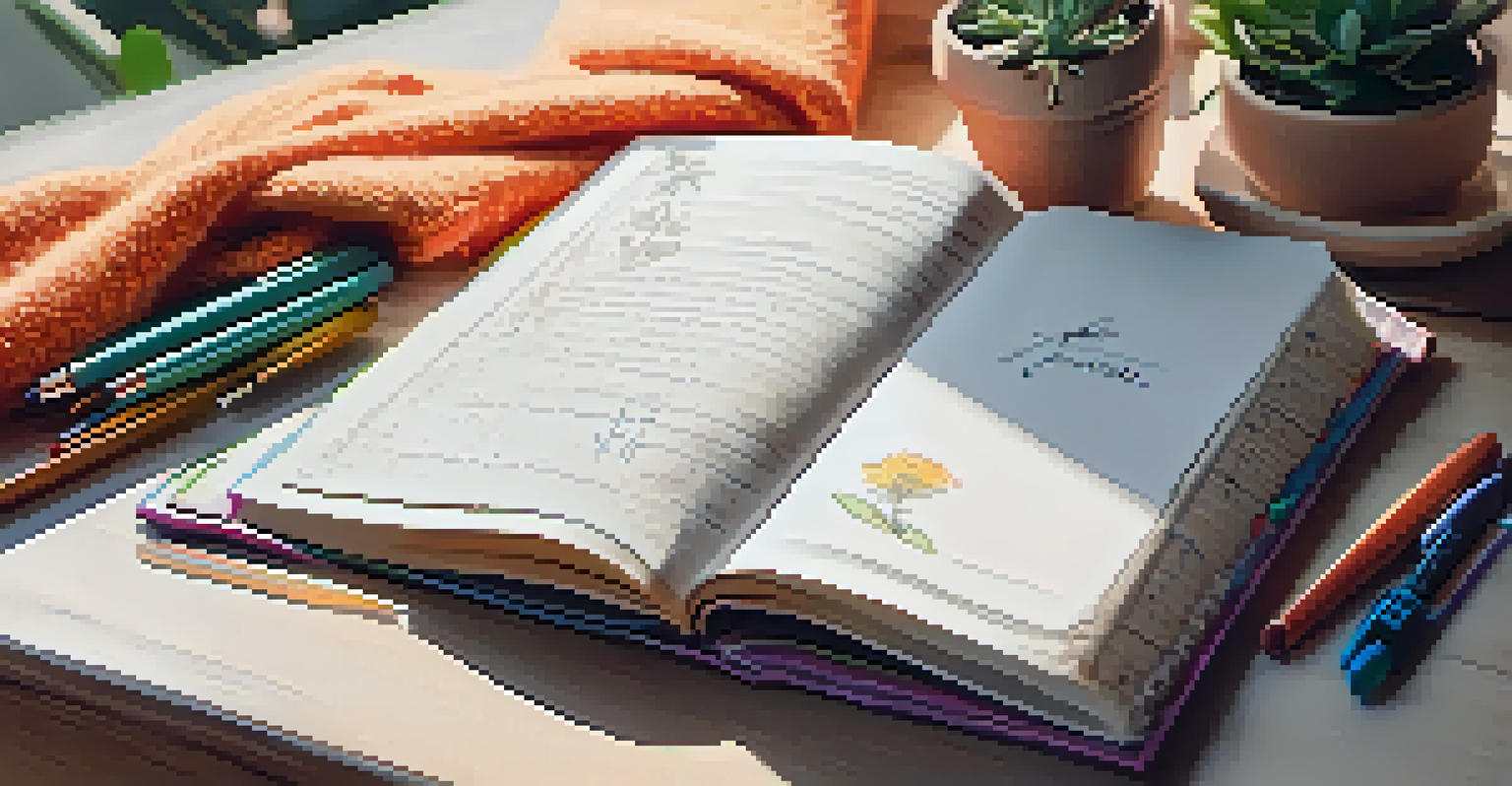 An open journal on a desk filled with notes, colorful pens, and a cozy blanket, surrounded by a potted plant.