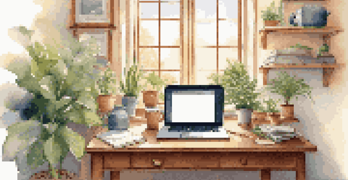 A well-organized workspace with a laptop, houseplants, and a cup of herbal tea, illuminated by soft sunlight through a window.