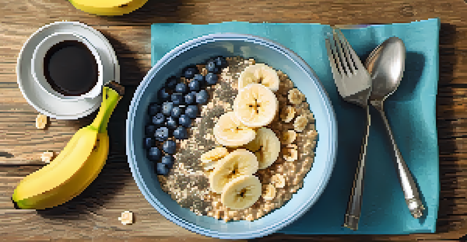 An overhead view of a breakfast bowl with oatmeal, bananas, chia seeds, and walnuts, with a cup of coffee on a rustic wooden surface.