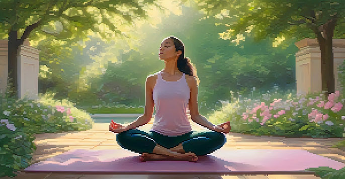 A woman meditating in a peaceful garden, surrounded by flowers and greenery, with sunlight filtering through the trees.