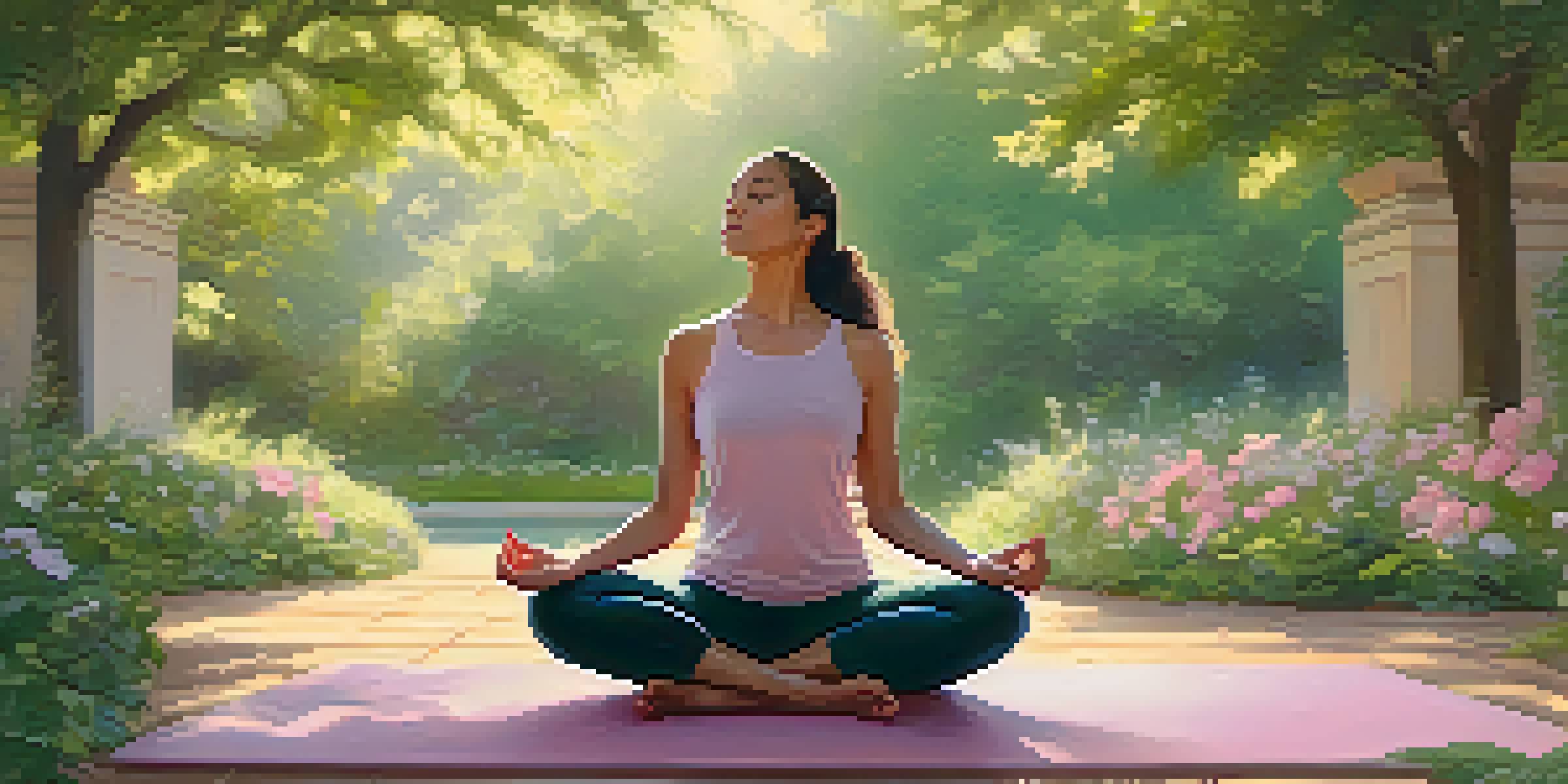 A woman meditating in a peaceful garden, surrounded by flowers and greenery, with sunlight filtering through the trees.