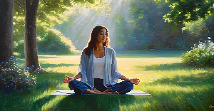 A person meditating in a peaceful outdoor setting surrounded by greenery and flowers, with sunlight filtering through the leaves.