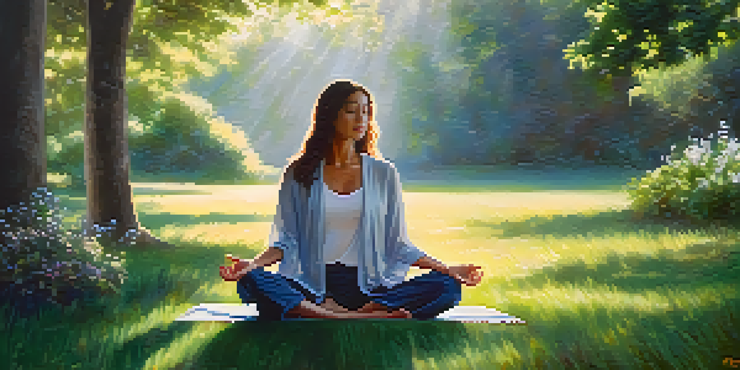 A person meditating in a peaceful outdoor setting surrounded by greenery and flowers, with sunlight filtering through the leaves.