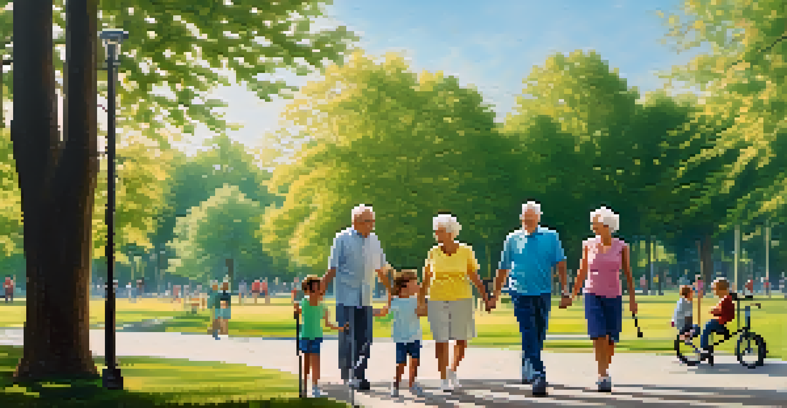 A multigenerational family walking together in a park on a sunny day, promoting fitness and togetherness.