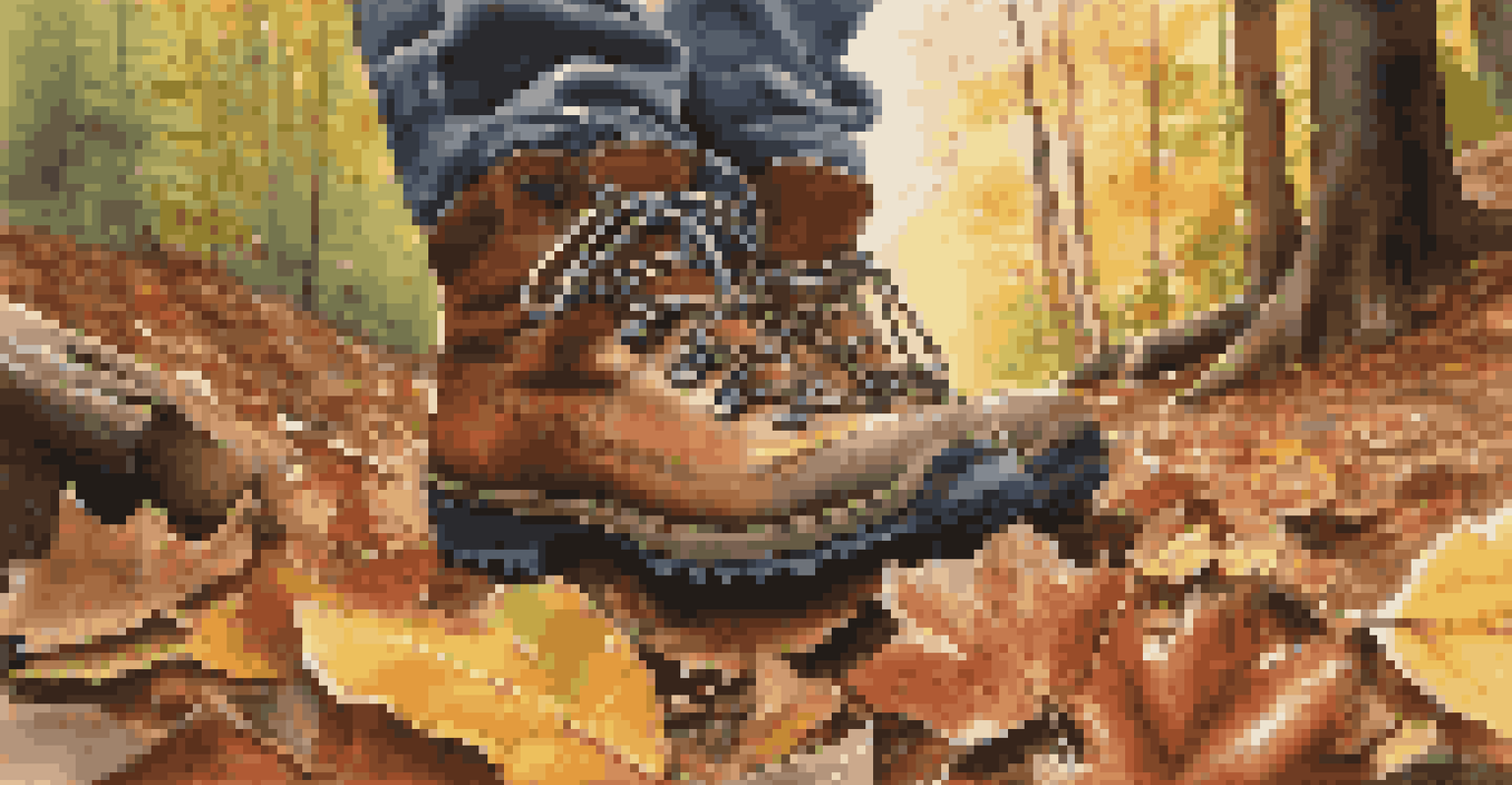 Close-up of hiking boots on a forest trail with fallen leaves and sunlight filtering through trees.
