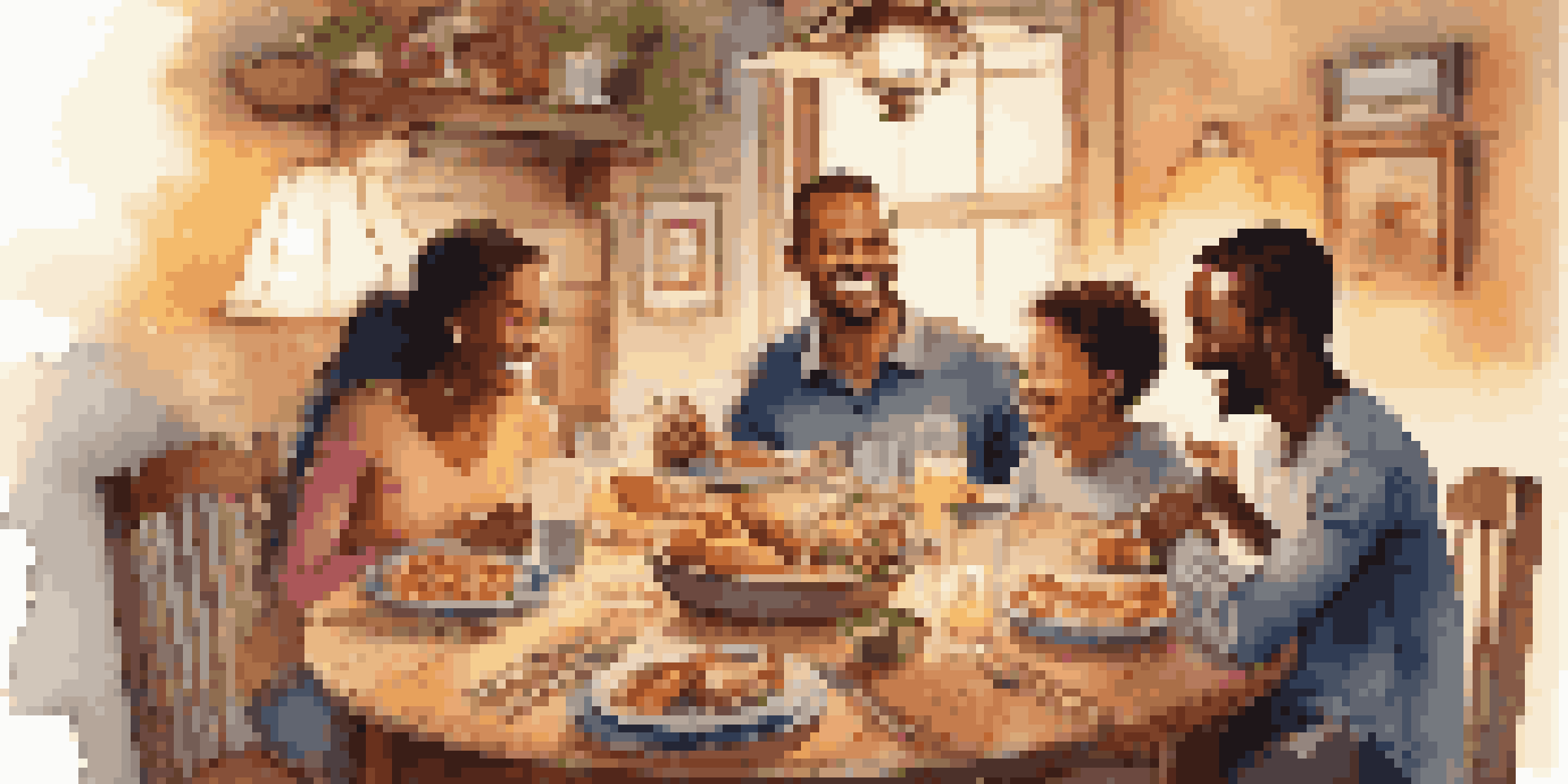 A diverse family enjoying a cozy dinner together, with laughter and discussion around a wooden table filled with food.