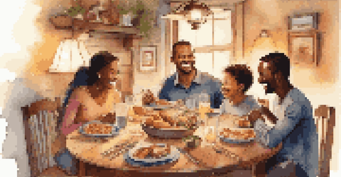 A diverse family enjoying a cozy dinner together, with laughter and discussion around a wooden table filled with food.
