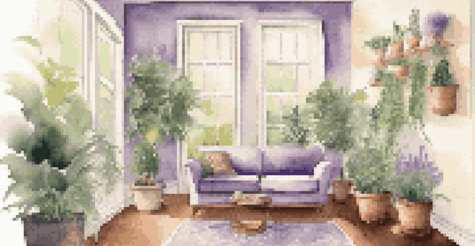 A calming room with a diffuser releasing lavender mist, warm lighting, and green plants, promoting a peaceful atmosphere.