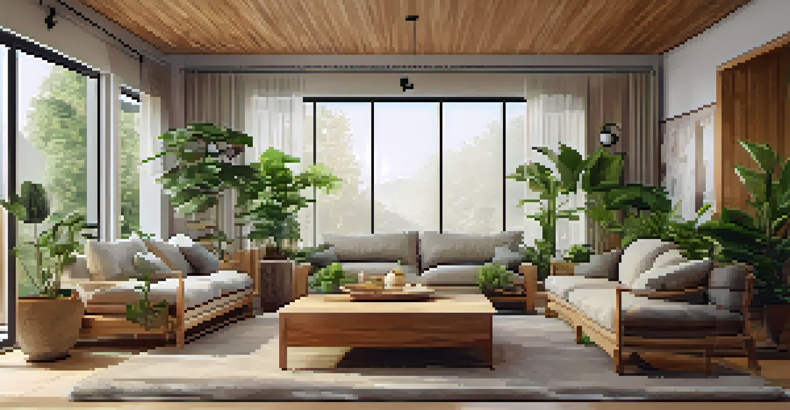 A cozy living room with an indoor water fountain, surrounded by plants and warm lighting, creating a relaxing and inviting atmosphere.
