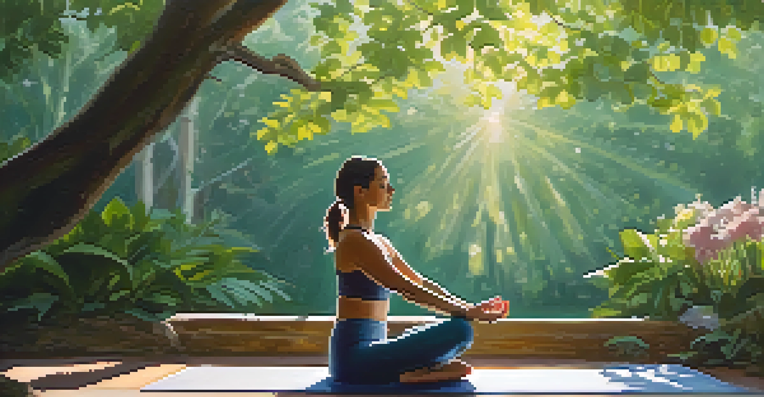 A close-up of a person in Pigeon Pose on a yoga mat outdoors, surrounded by greenery and soft sunlight.