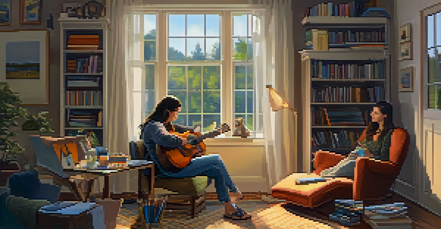 A cozy workspace corner filled with art supplies and musical instruments, with individuals engaging in knitting and playing guitar in a warm atmosphere.