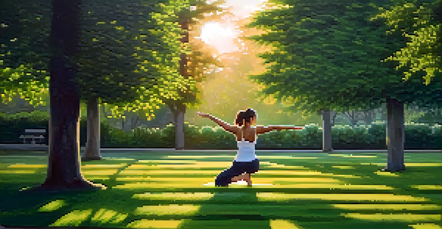 A person practicing yoga in a peaceful park at sunrise, surrounded by greenery.