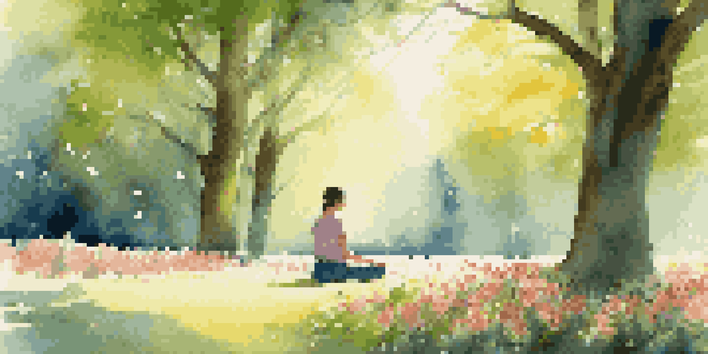 A person practicing mindfulness in a sunlit park, sitting cross-legged with eyes closed, surrounded by vibrant flowers and tall trees.