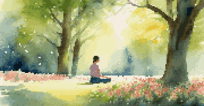 A person practicing mindfulness in a sunlit park, sitting cross-legged with eyes closed, surrounded by vibrant flowers and tall trees.