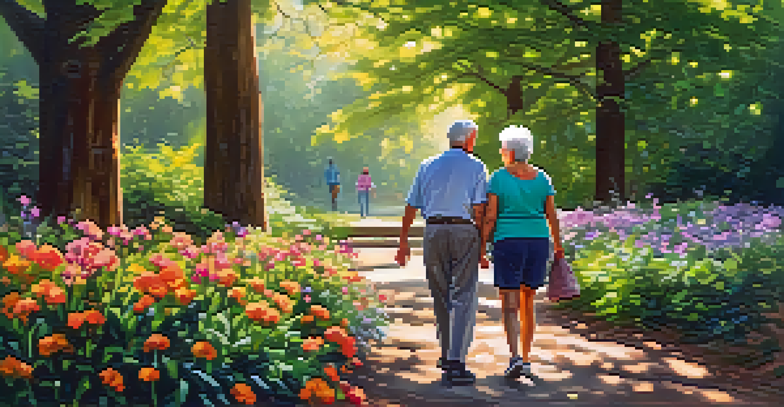 An elderly couple walking in a park, promoting physical activity and a healthy lifestyle.