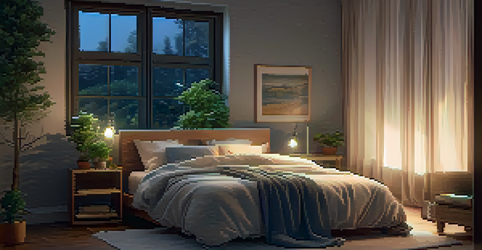 A peaceful bedroom with a cozy bed, soft lighting, and a sleep tracking device on the bedside table.