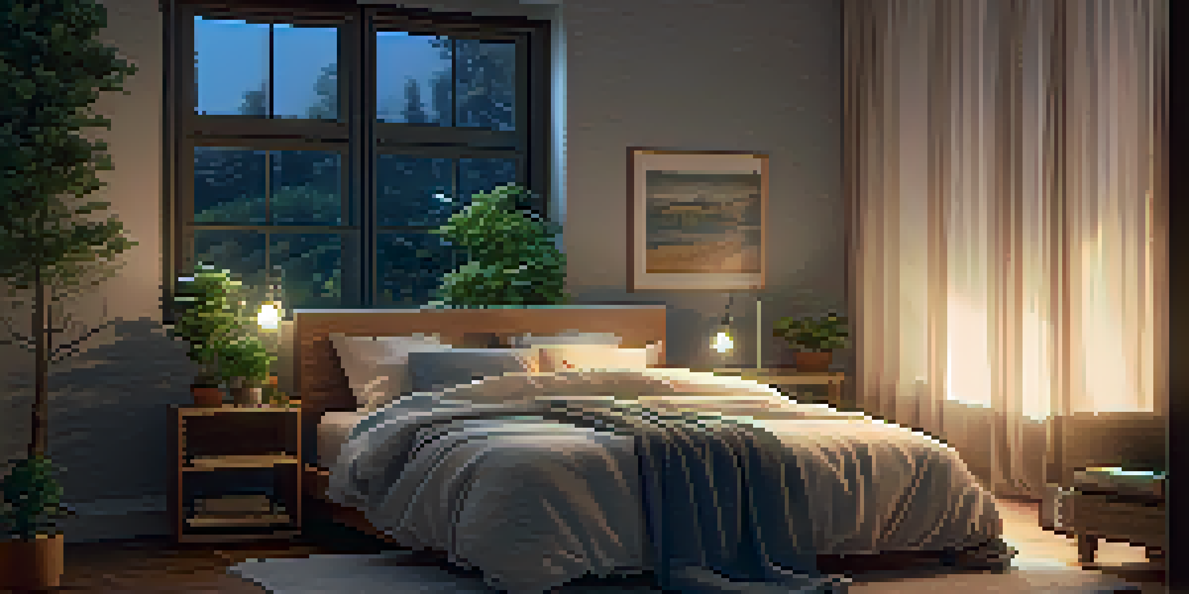 A peaceful bedroom with a cozy bed, soft lighting, and a sleep tracking device on the bedside table.
