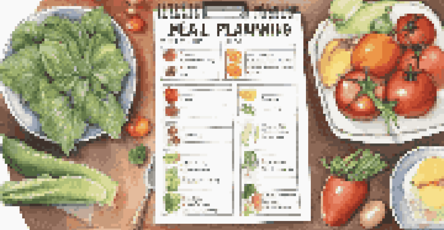 A close-up of a weekly meal planning template on a counter, showing a colorful table with food group symbols, surrounded by fresh ingredients.