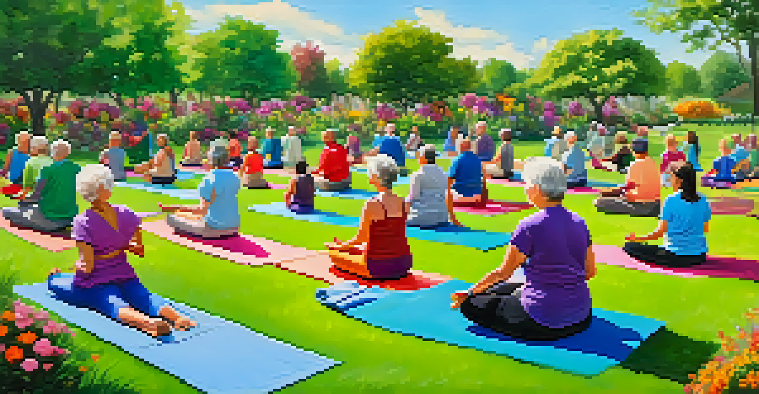 An elderly person practicing yoga in a sunny park, surrounded by younger participants, with greenery and flowers in the background.