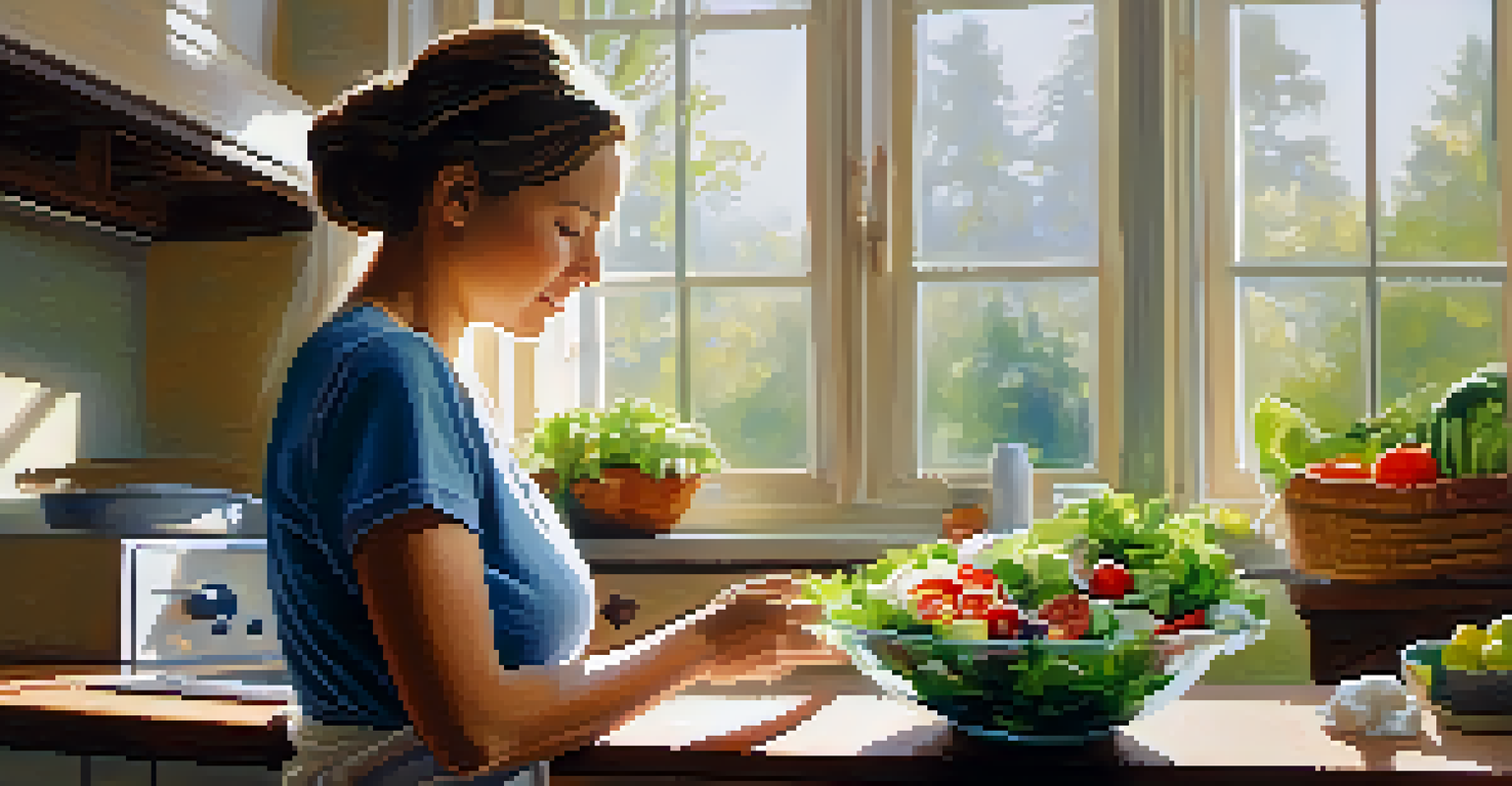 A serene pregnant woman enjoying a bowl of salad in a bright kitchen, with sunlight gently illuminating her and the fresh vegetables.