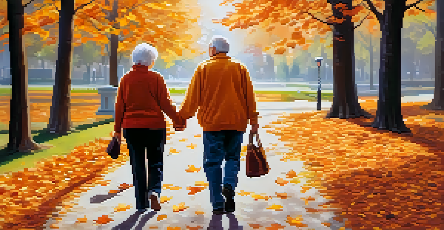 An elderly couple walking hand in hand through an autumn park, surrounded by colorful leaves and soft sunlight.