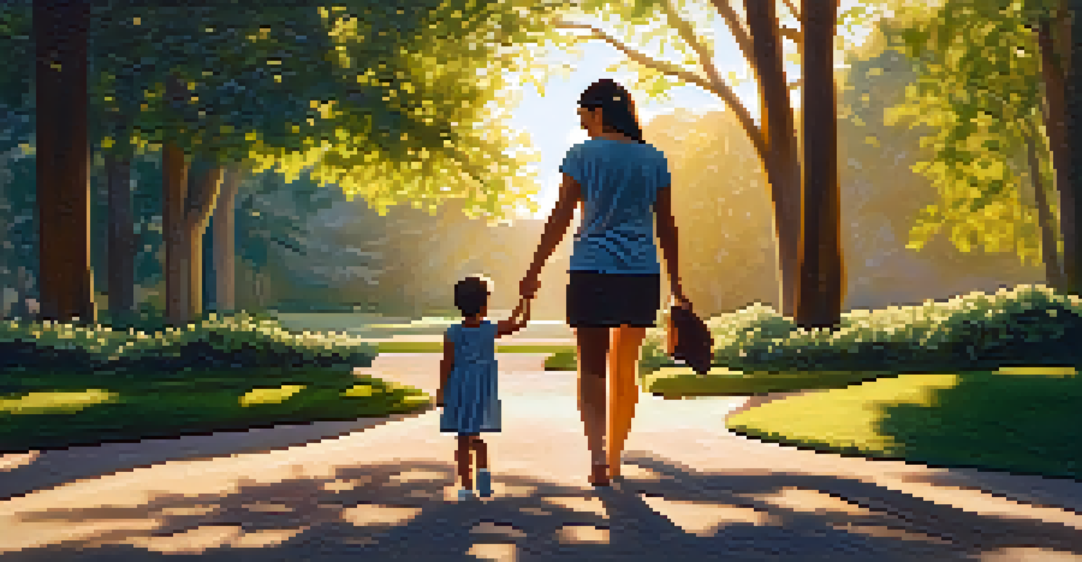 A parent holding their child's hand in a sunlit park, showcasing love and security with greenery surrounding them.