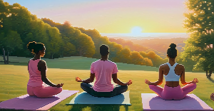 A diverse group of people practicing yoga on a grassy hilltop during sunrise, with soft golden light and a colorful sky.