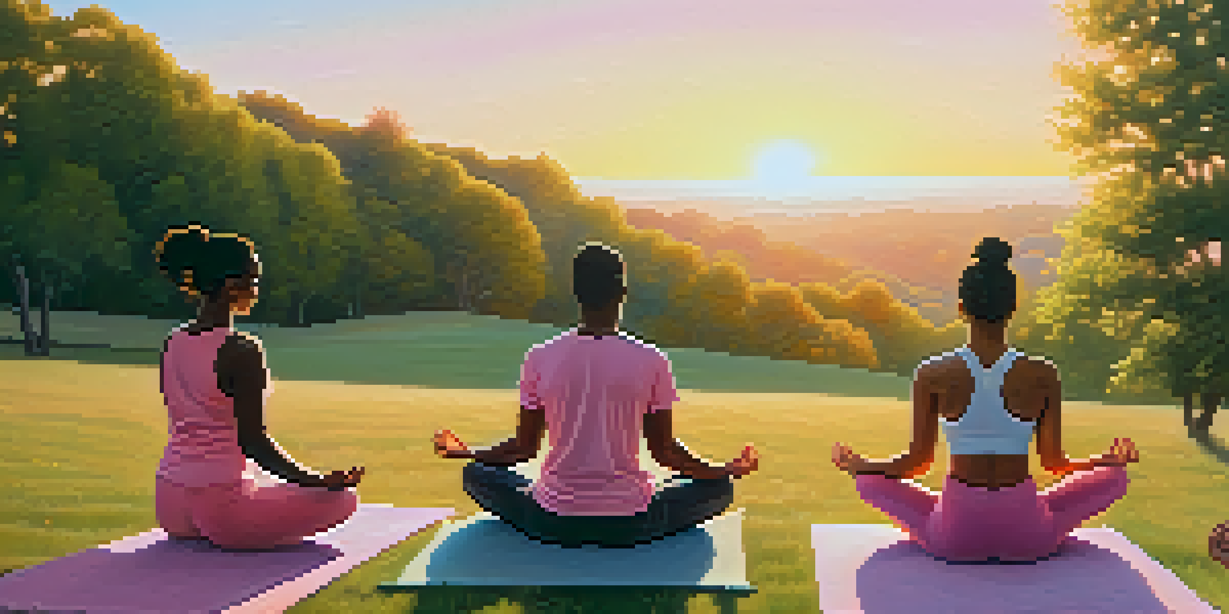 A diverse group of people practicing yoga on a grassy hilltop during sunrise, with soft golden light and a colorful sky.