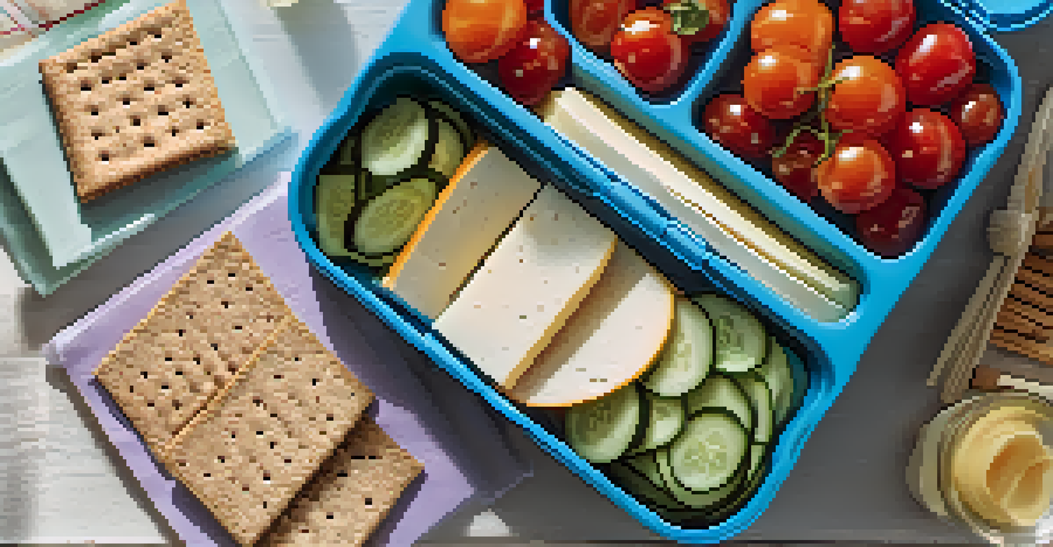 A DIY Lunchable with whole grain crackers, turkey slices, cheese, and fresh vegetables displayed in a segmented lunchbox.
