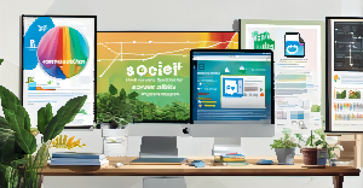 A workspace with a computer displaying a social media post about recycling surrounded by advocacy materials.