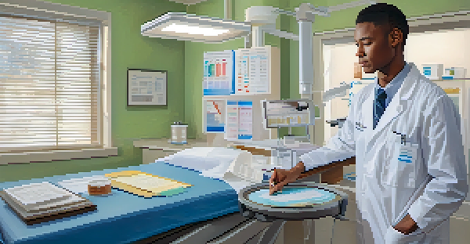 A healthcare professional in an examination room holding a clipboard with screening test results, surrounded by medical equipment and illuminated by soft natural light.