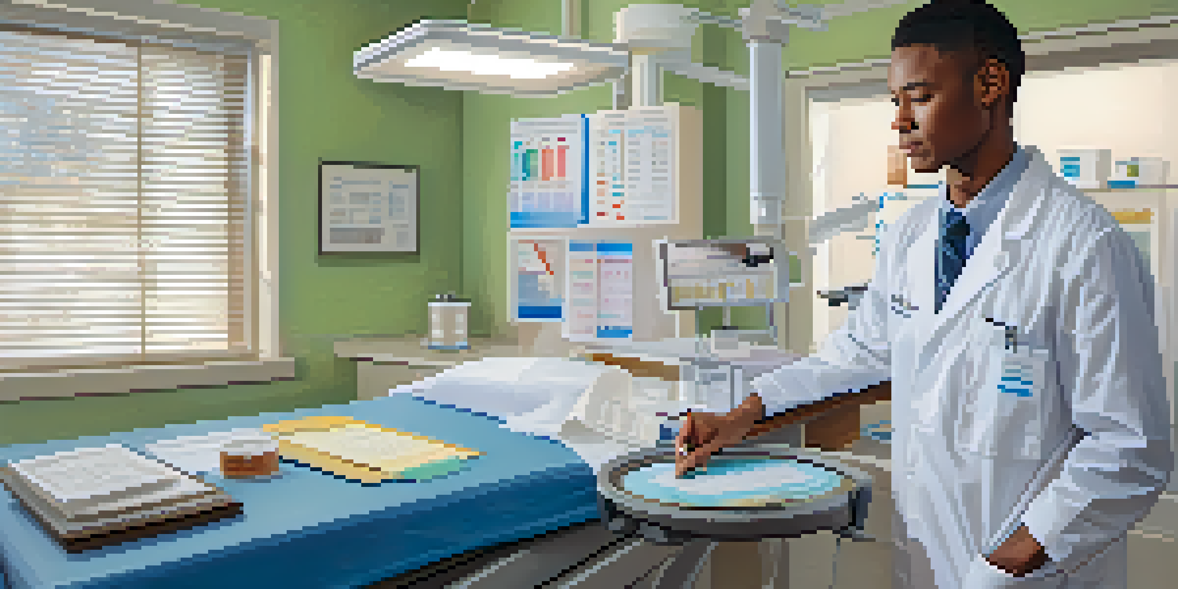 A healthcare professional in an examination room holding a clipboard with screening test results, surrounded by medical equipment and illuminated by soft natural light.