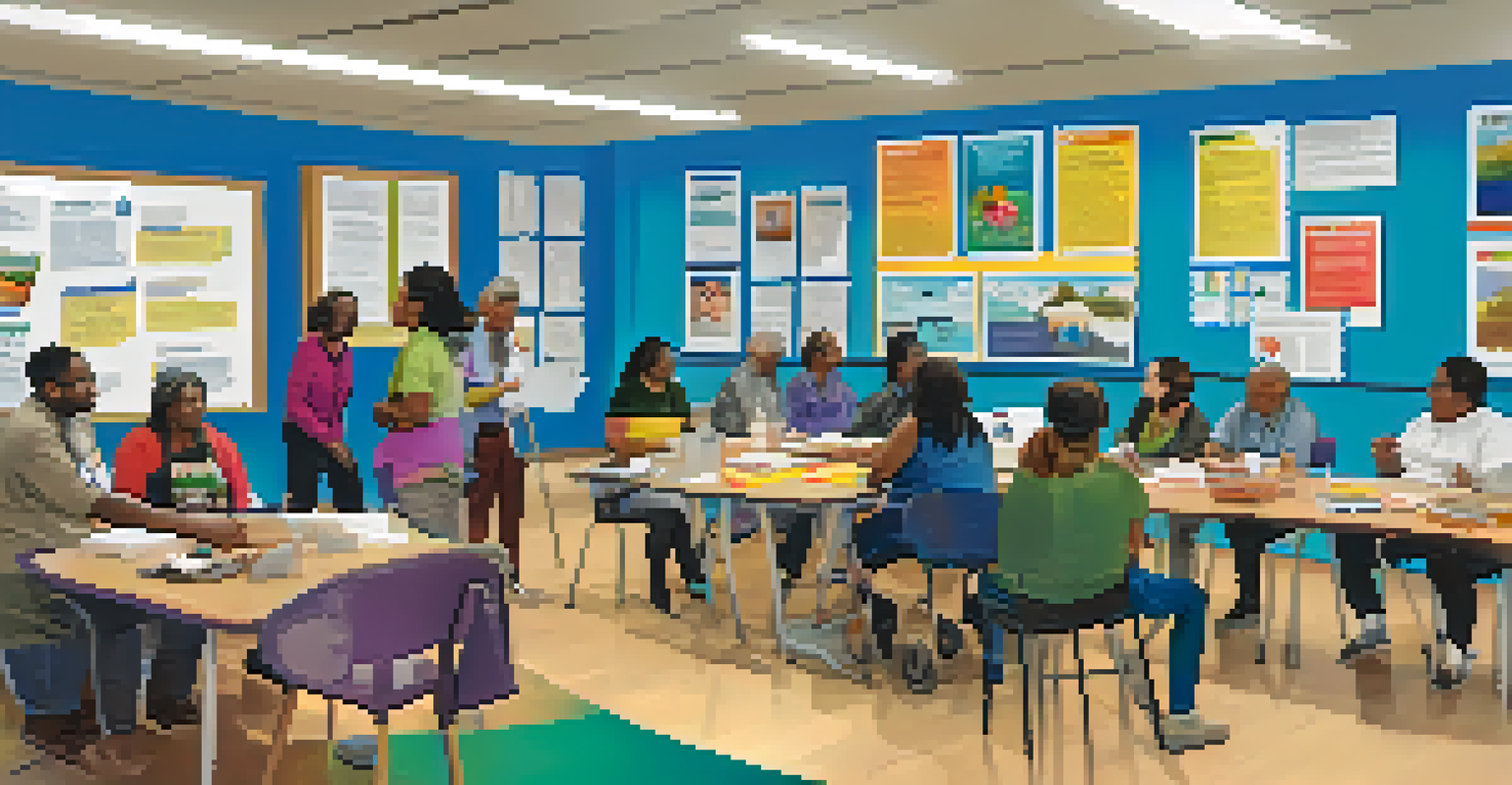 A community health workshop in a library, with caregivers and participants discussing health resources and tips.