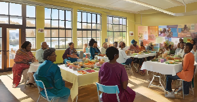 A diverse group of individuals participating in a health workshop, surrounded by colorful educational materials and healthy food samples in a bright community center.
