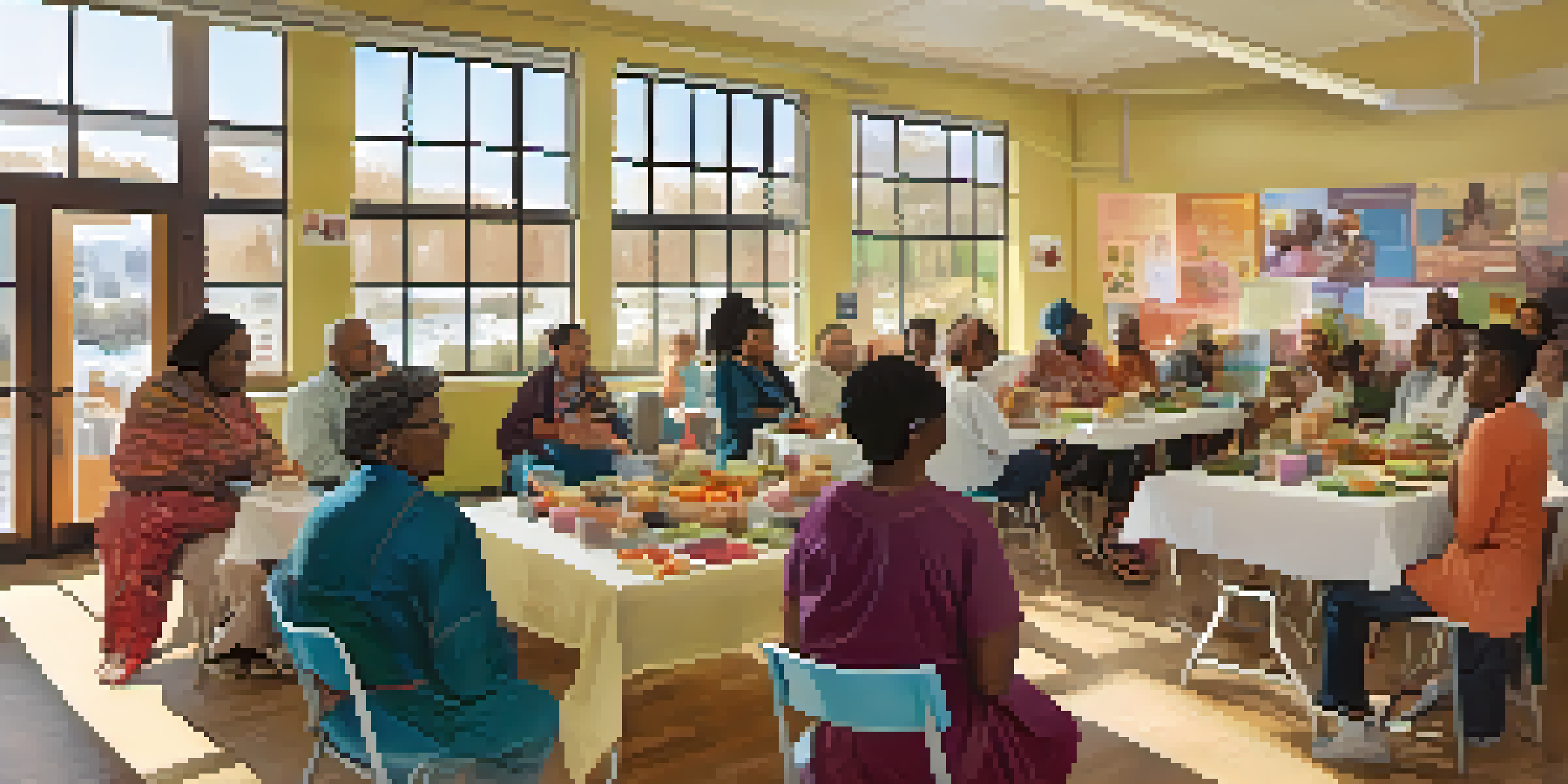 A diverse group of individuals participating in a health workshop, surrounded by colorful educational materials and healthy food samples in a bright community center.