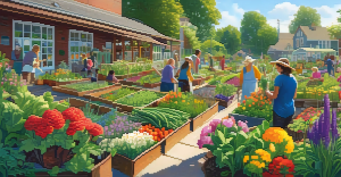 A diverse group of people working in a community garden filled with colorful flowers and vegetables under warm sunlight.