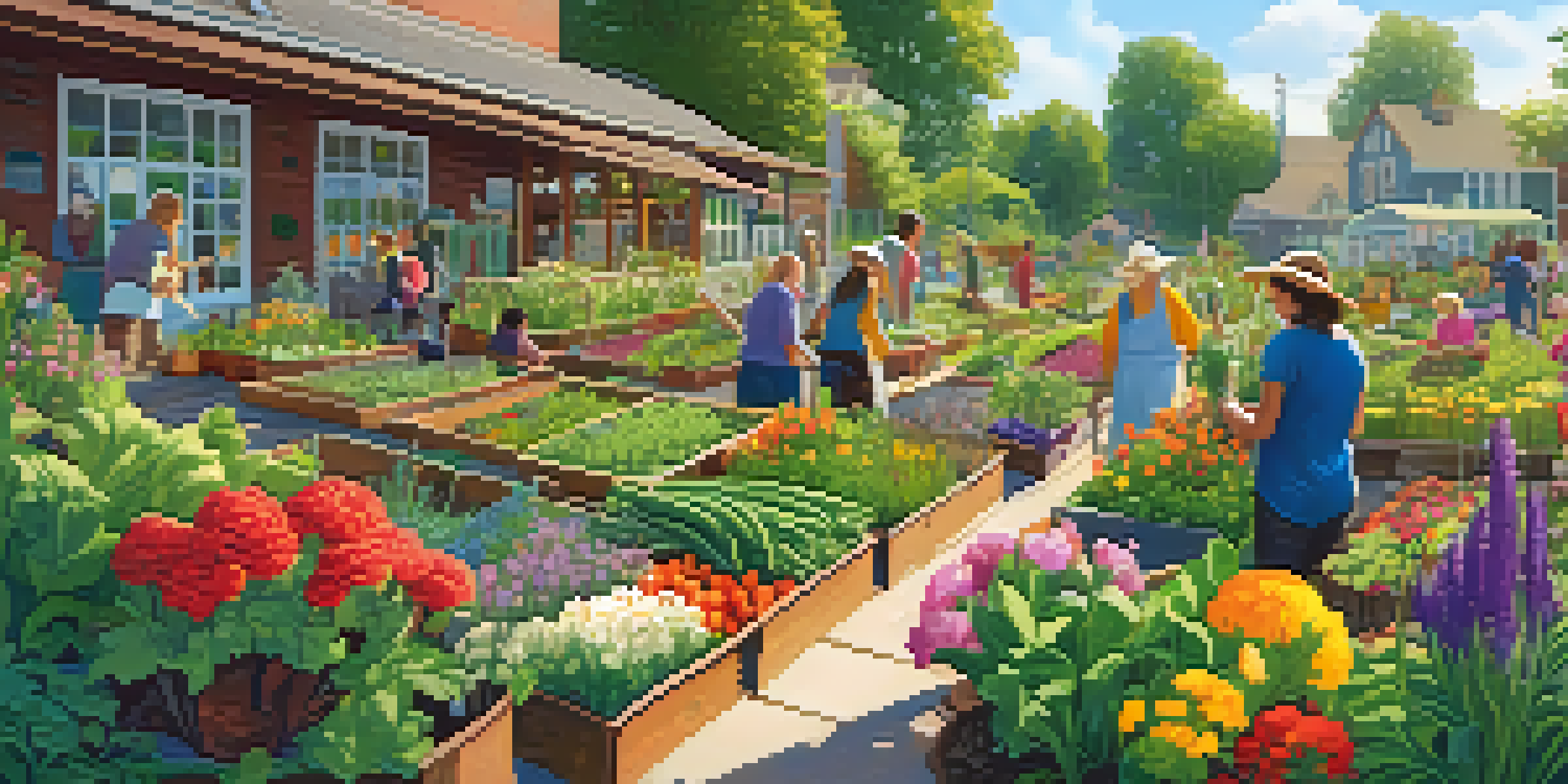 A diverse group of people working in a community garden filled with colorful flowers and vegetables under warm sunlight.