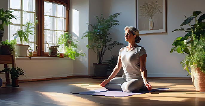 A woman in her 50s practicing yoga in a bright room filled with houseplants, demonstrating relaxation and mindfulness.