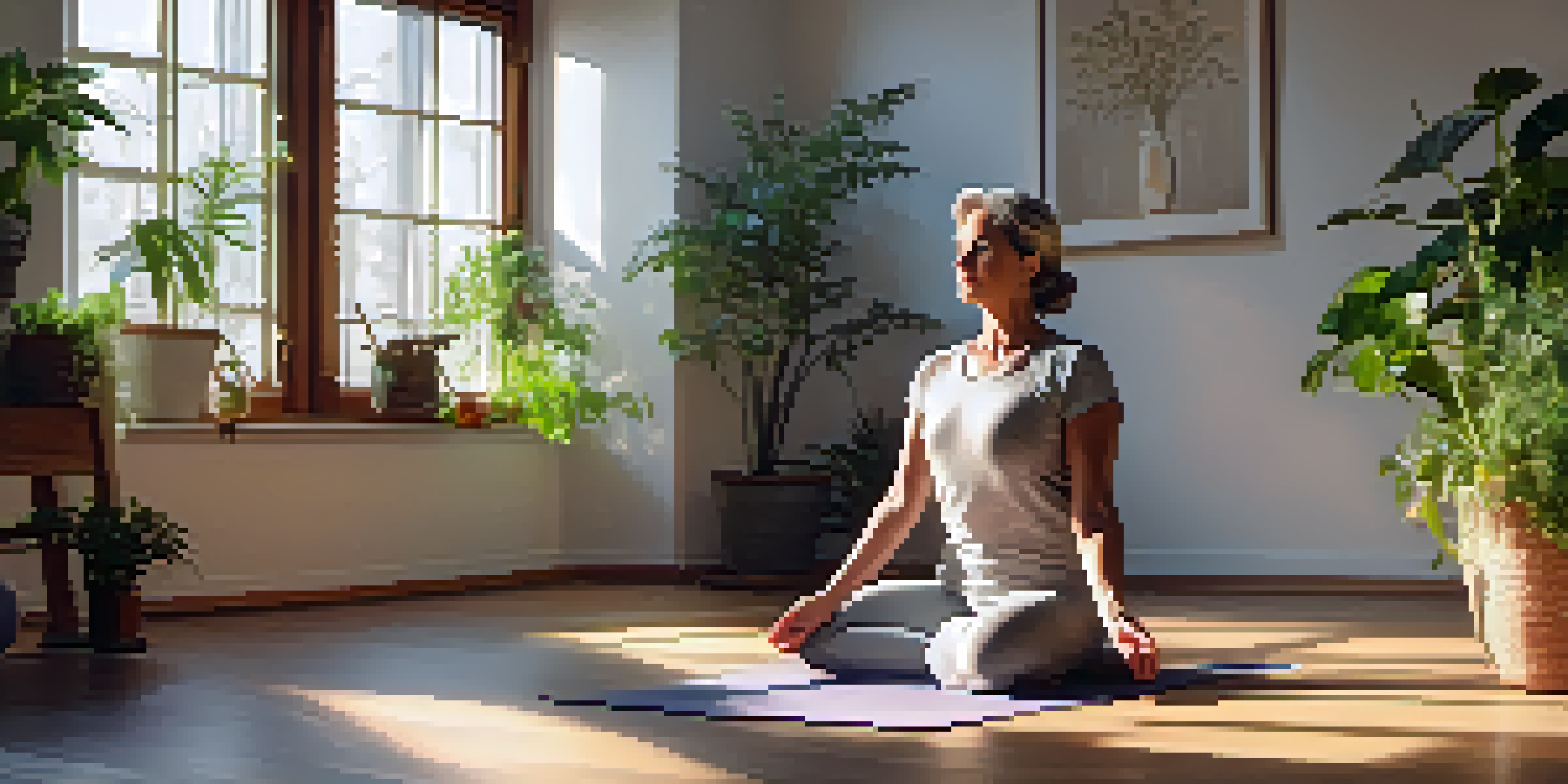 A woman in her 50s practicing yoga in a bright room filled with houseplants, demonstrating relaxation and mindfulness.